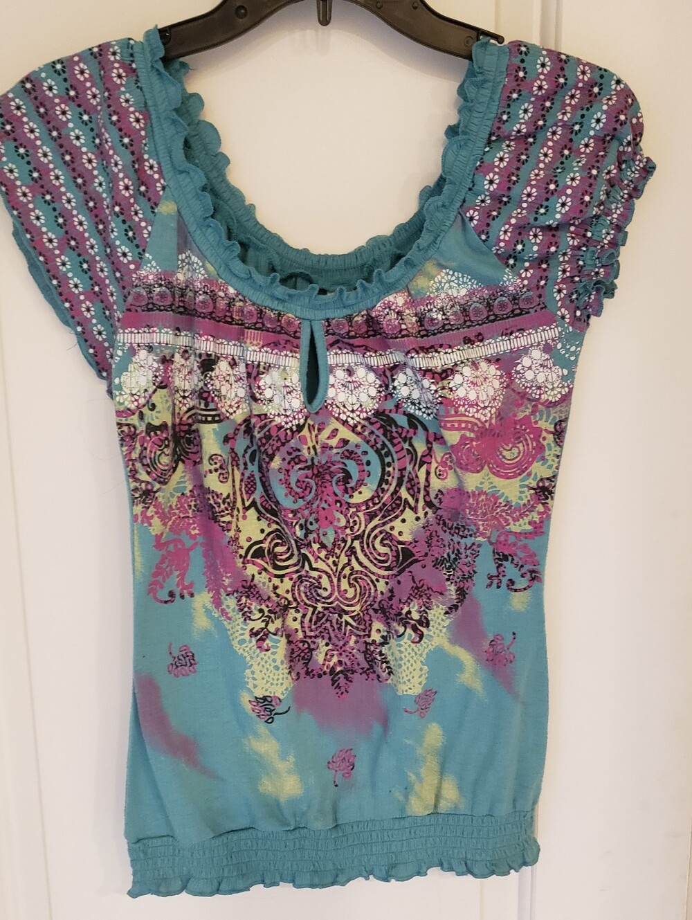 No Boundaries Teal & Pink Floral Ruffle Neck Slit Top